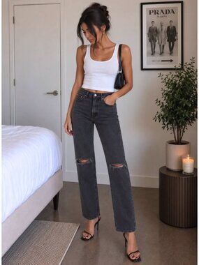 GRLFRND Mica High Rise Straight Jeans 28 Lights Off Distressed Black $248